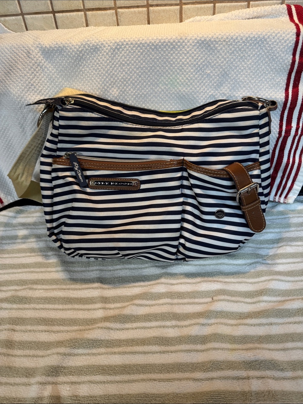 Lily Bloom Navy and White Striped Shoulder Bag with Brown Trim